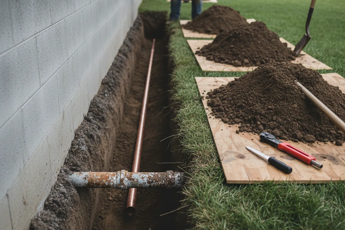 Excavated water line trench during Water Heater Repair in Corning